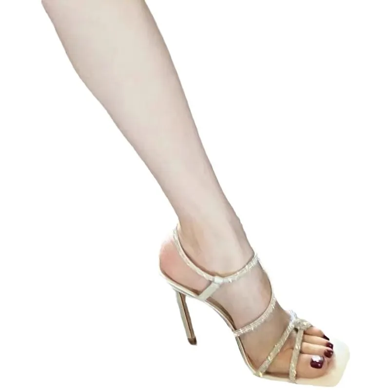 Breakj Breakj Tie High Heels Women 2025 Summer New White Water Drill With Summer Fine Heel Roman Sandals