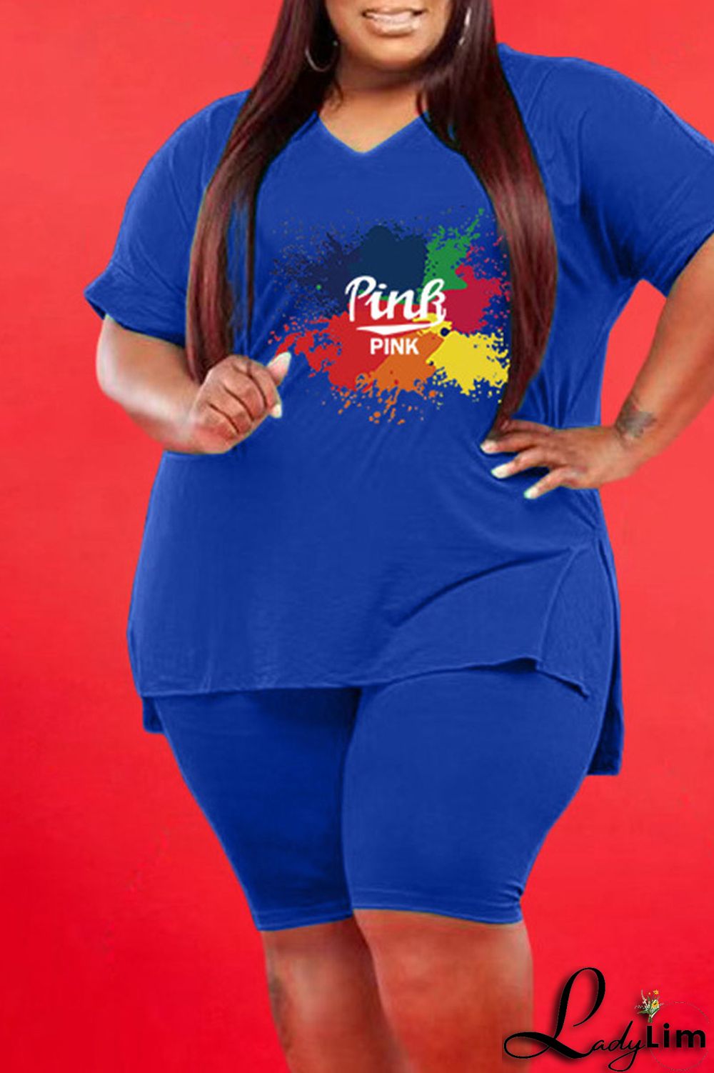 Red Casual Print V Neck Plus Size Two Pieces