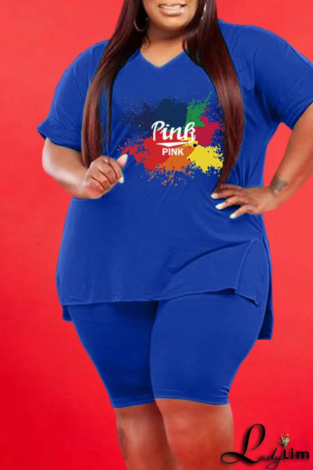 Red Casual Print V Neck Plus Size Two Pieces