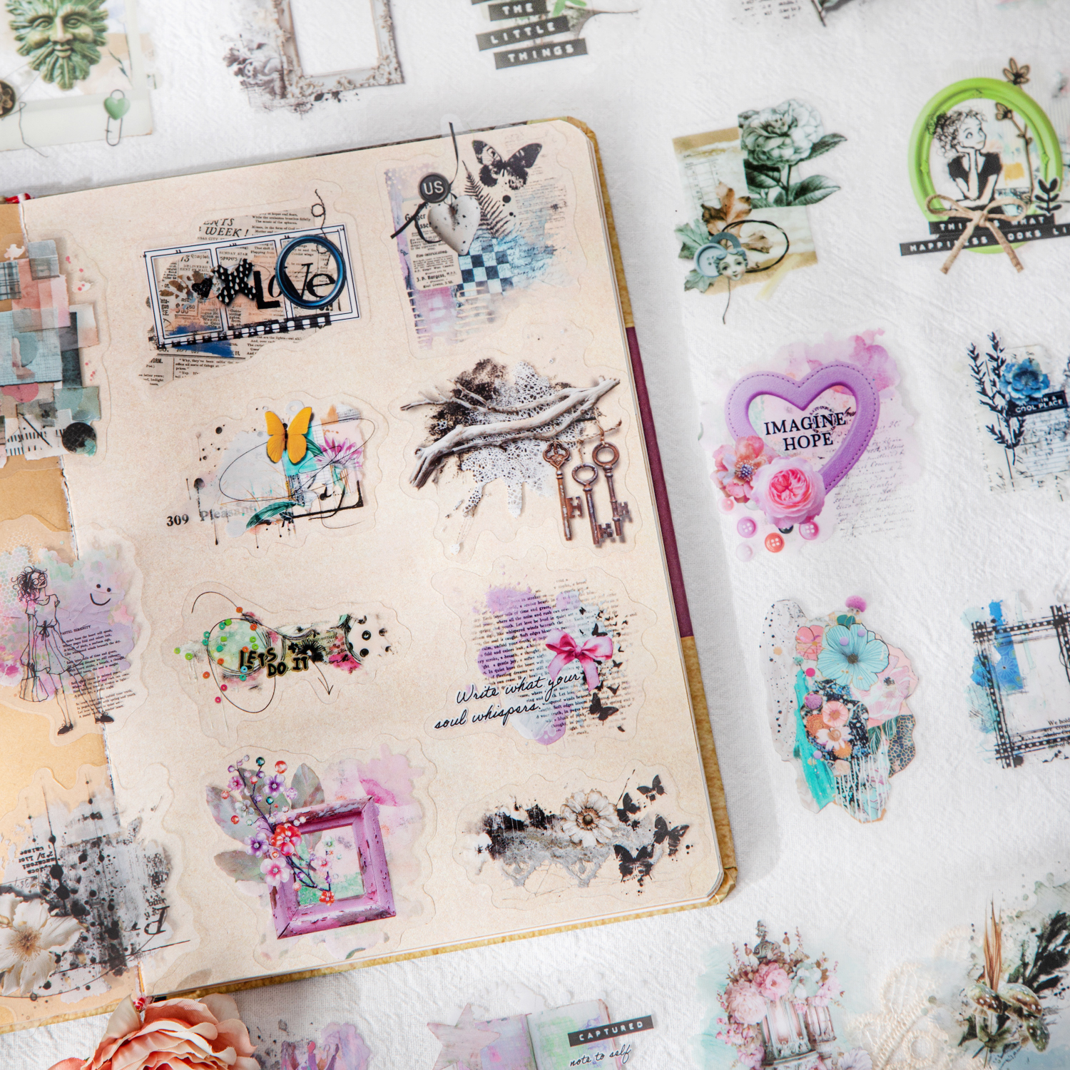 PET 스티커 - 조각 일기 시리즈 빈티지 식물 꽃 테두리