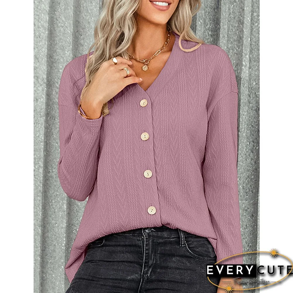 Pink Purple V Neck Jacquard Button Knit Cardigan