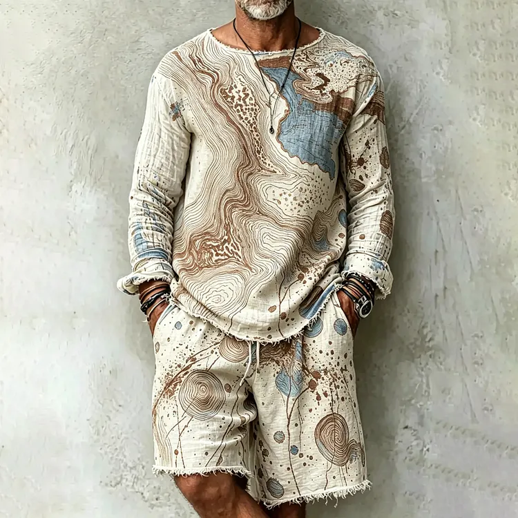 Men's Retro Abstract Art Print T-shirt And Shorts Two Piece Set