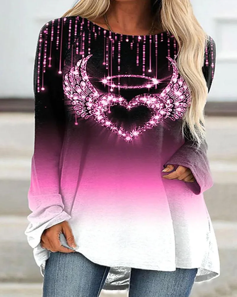 Women's Gradient Angel Heart Print Round Neck Long Sleeve Plus Size Top