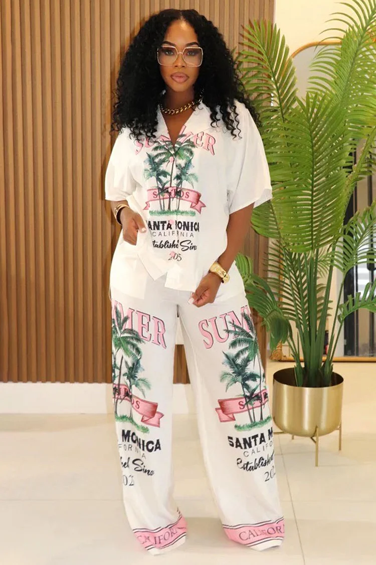 Santa Monica Print Blouse Wide Leg Pants Vacay 2pcs Set-White [Pre Order]