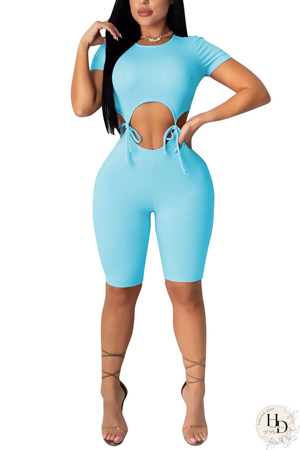 Black Fashion Sexy Patchwork bandage Hollow Solid Polyester Short Sleeve O Neck Jumpsuits