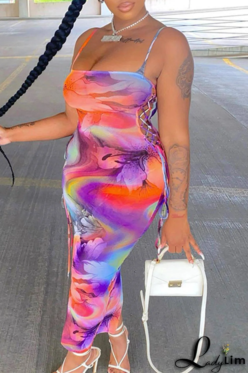 Colour Fashion Sexy Print Bandage Backless Spaghetti Strap Long Dress Dresses