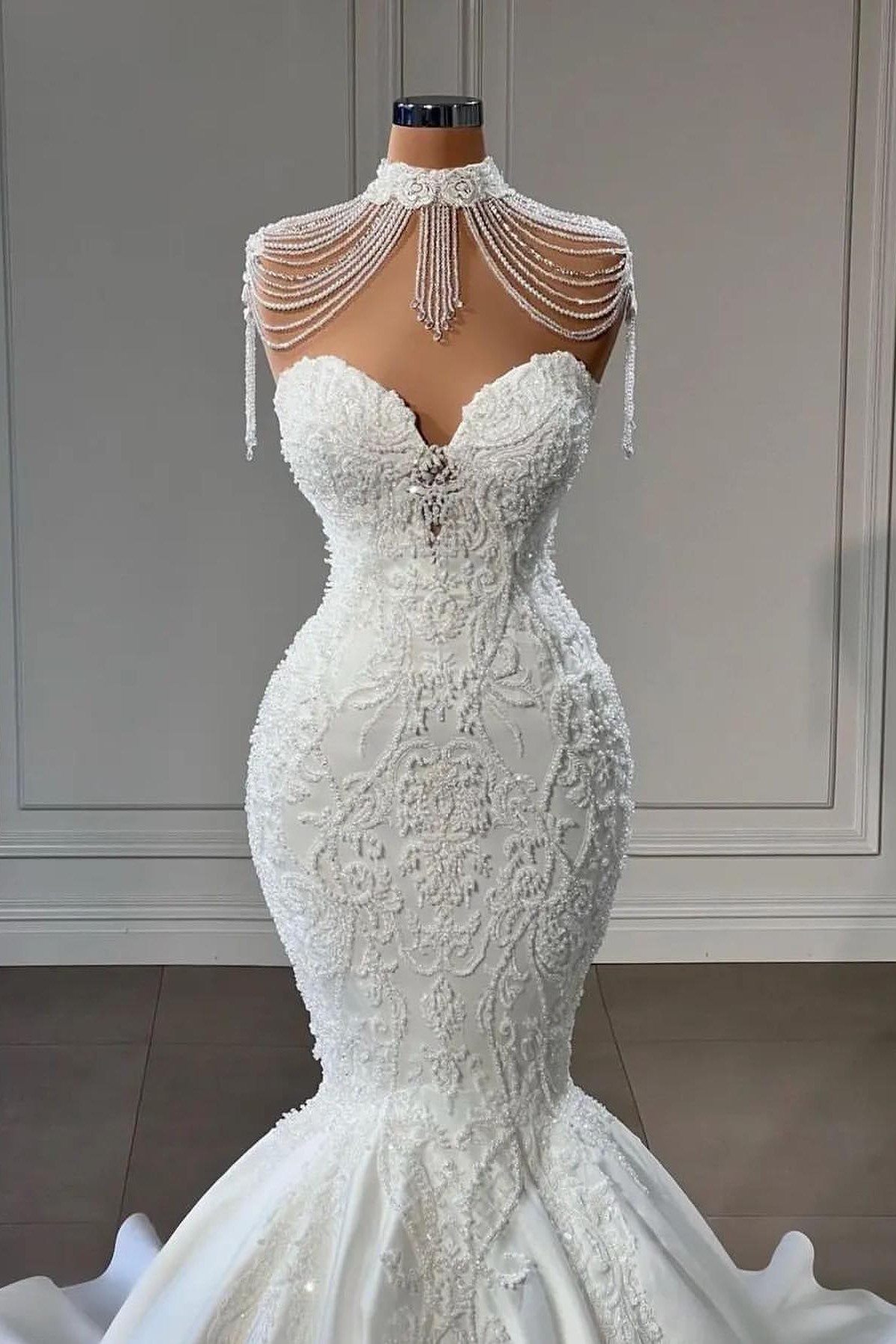 Gorgeous Long Princess Sweetheart Beading Pearl Satin Wedding Dress with Sleeves