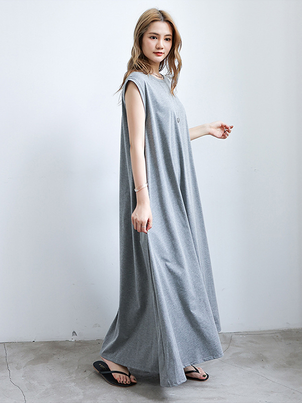 Solid Color Loose Big Skirt Short Sleeve Casual Dress