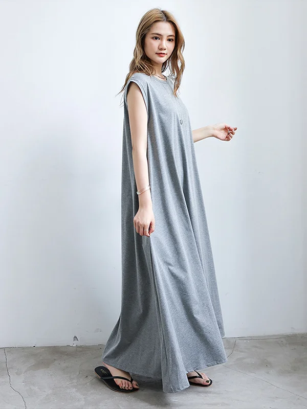 Solid Color Loose Big Skirt Short Sleeve Casual Dress - yankia