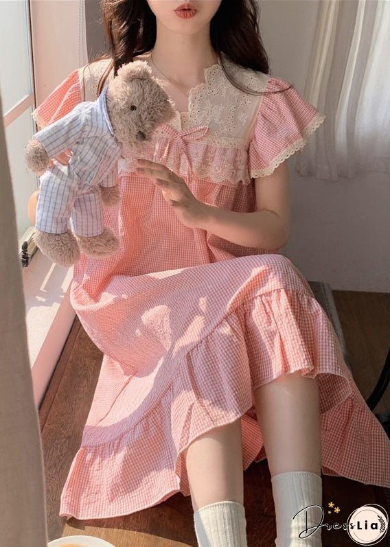 Italian Pink Lace Patchwork Ruffled Plaid Print Cotton Dress Summer