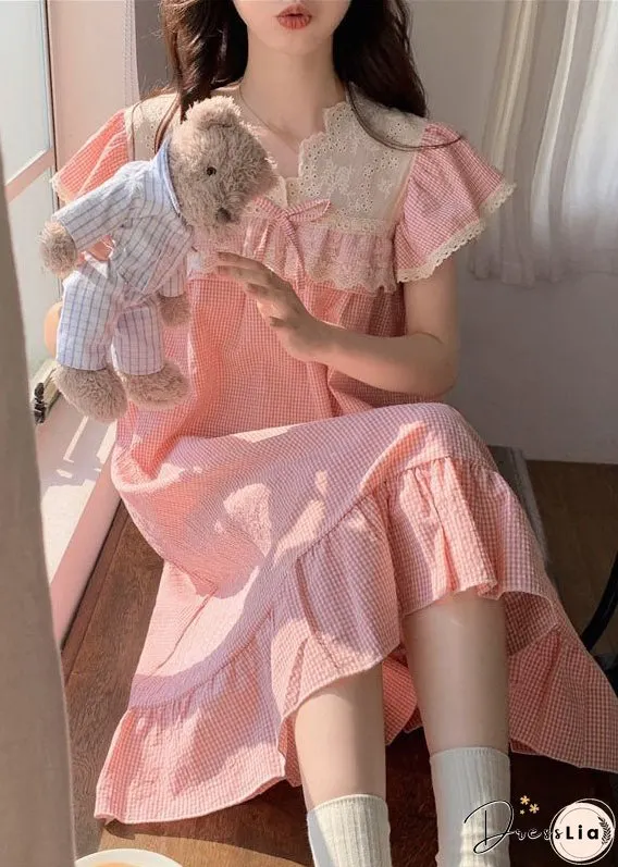Italian Pink Lace Patchwork Ruffled Plaid Print Cotton Dress Summer