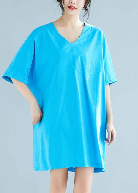 Italian blue linen cotton clothes Women v neck half sleeve loose summer Dresses