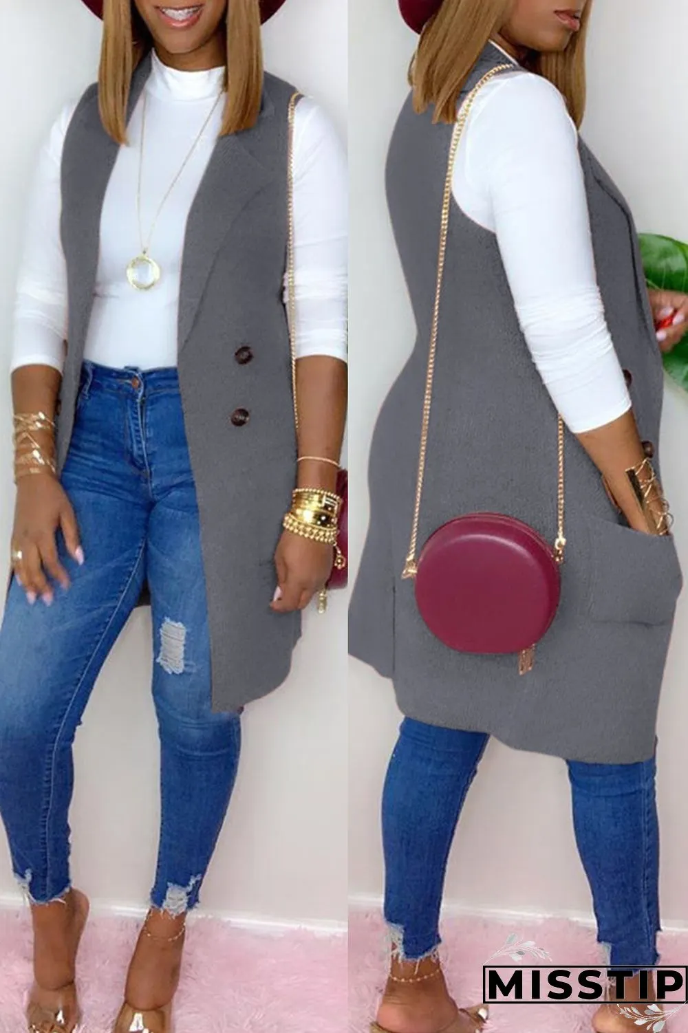 Grey Fashion Casual Solid Cardigan Turndown Collar Outerwear