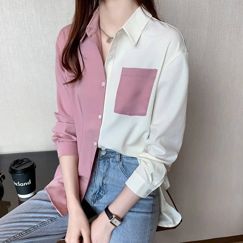 Long Sleeve Pockets Chiffon Blouse Shirt Blouse Women Blouses Female Fashion 2023 Turn Down Collar Office Blouse Tops Blouse D630