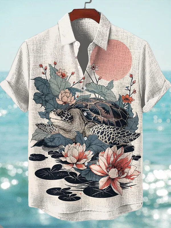 Men's Turtle Lotus Japanese Holiday Art Print Short Sleeve Shirt