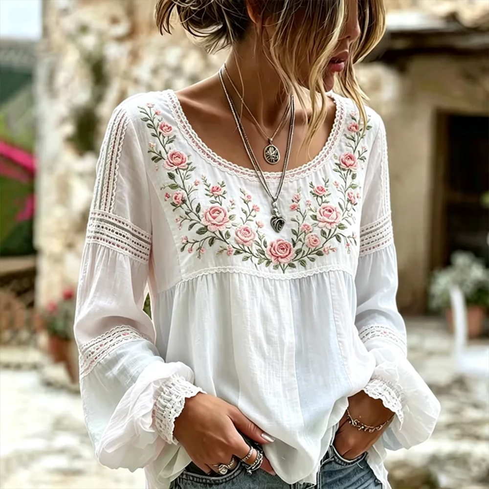 Women's Retro Rose Art Embroidery Color Block Comfortable Cotton Linen Long Sleeve Top artswardrobe