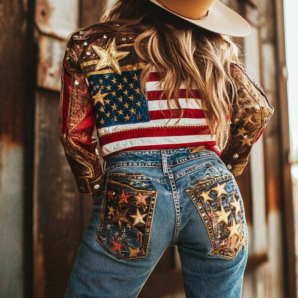 Comstylish Vintage Independence Day American Flag Art Denim Jacket