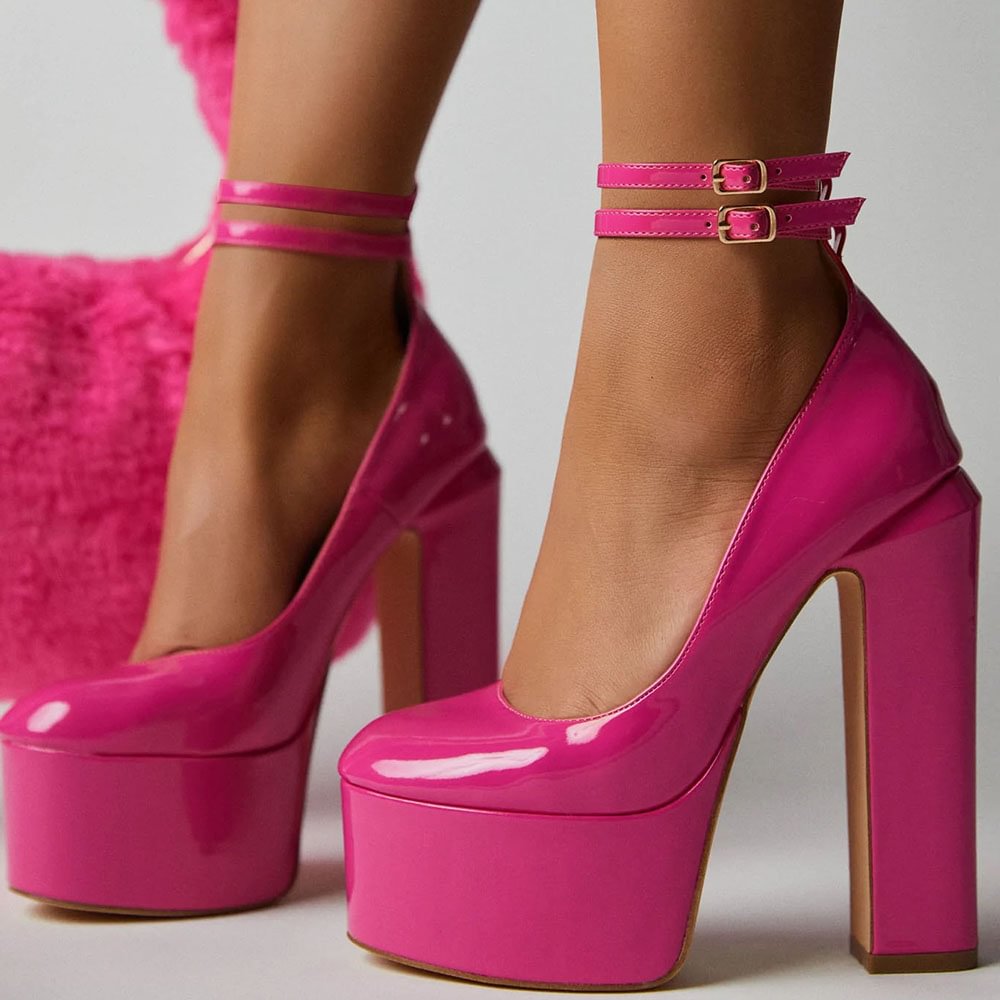 Glossy Leather Chunky Heels Ankle Strap Pumps With Platform Nicepairs