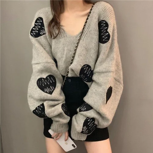 Nigikala Sweater Y2K Pullovers Korean Heart Oversize Tops Fashion Woman Clothes V Neck Women Sweaters Long Sleeve Jumper Femme Pull