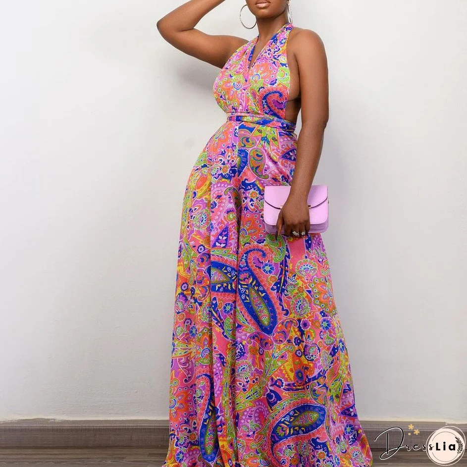 Plus Size Women African Print Halter Neck Beach Jumpsuit