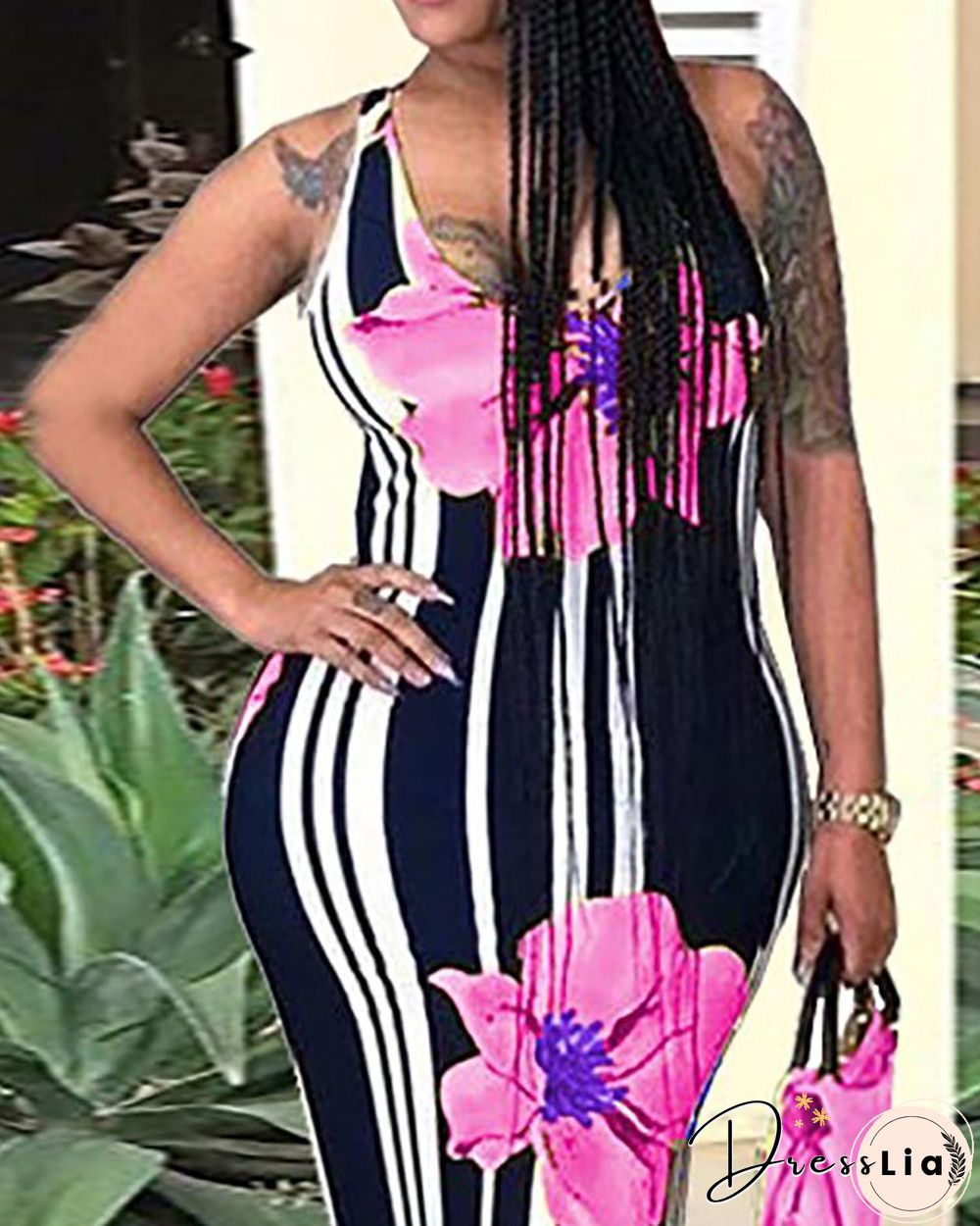 Sexy Floral Print Striped Bodycon Maxi Dress
