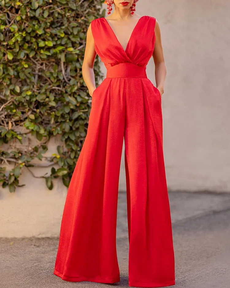 Casual Solid Color V-neck Jumpsuit