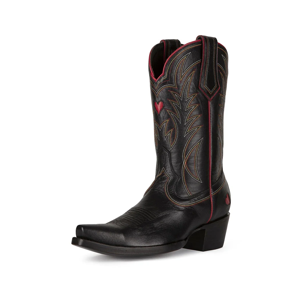 Black Chunky Heel Embroidered Mid-Calf Cowboy Boots for Women