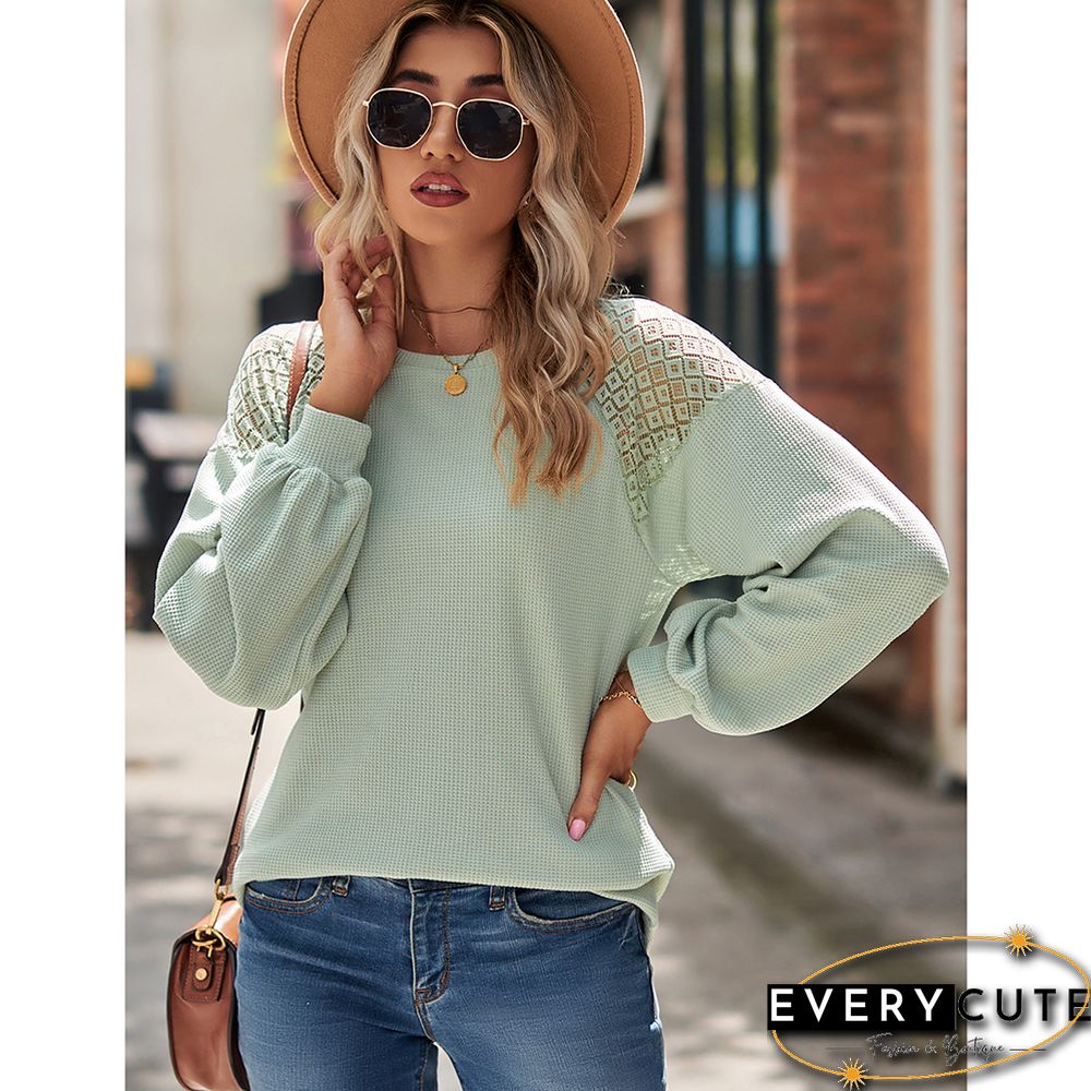 Pea Green Waffle Splicing Lace Round Neck Long Sleeve Tops
