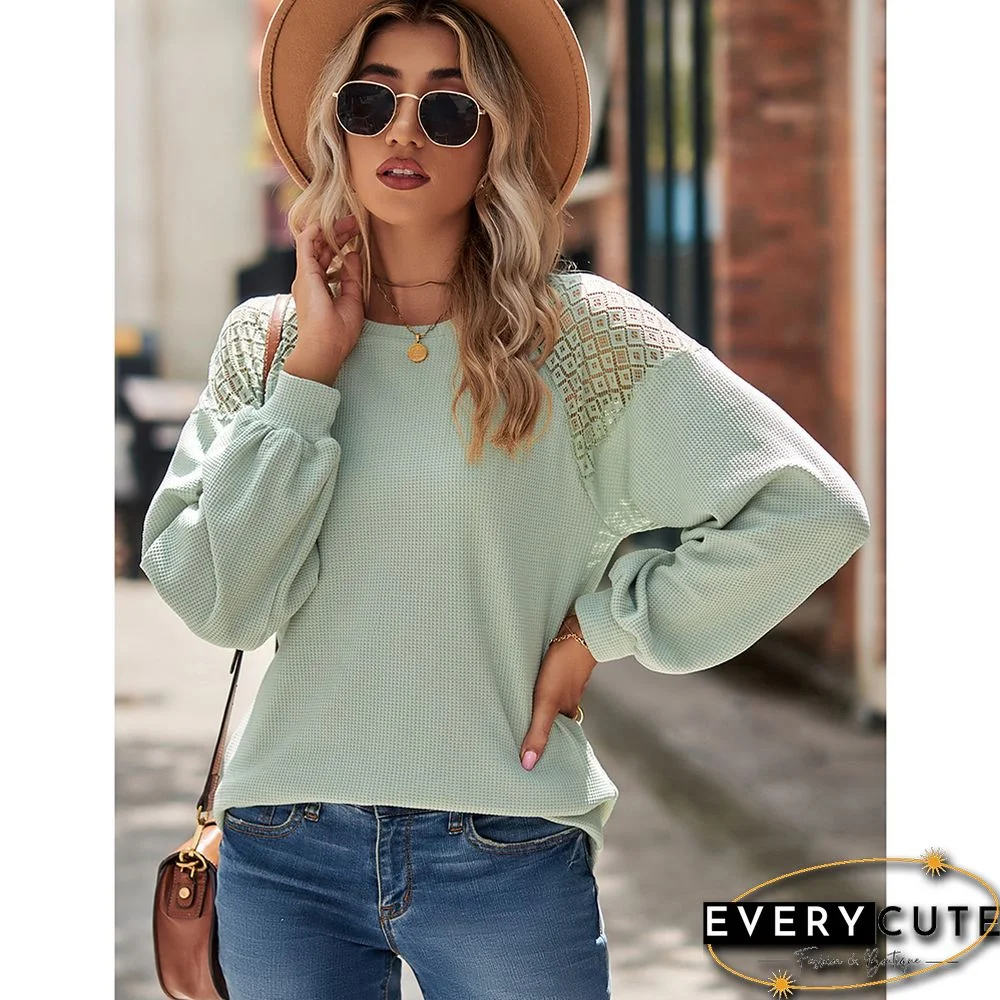 Pea Green Waffle Splicing Lace Round Neck Long Sleeve Tops