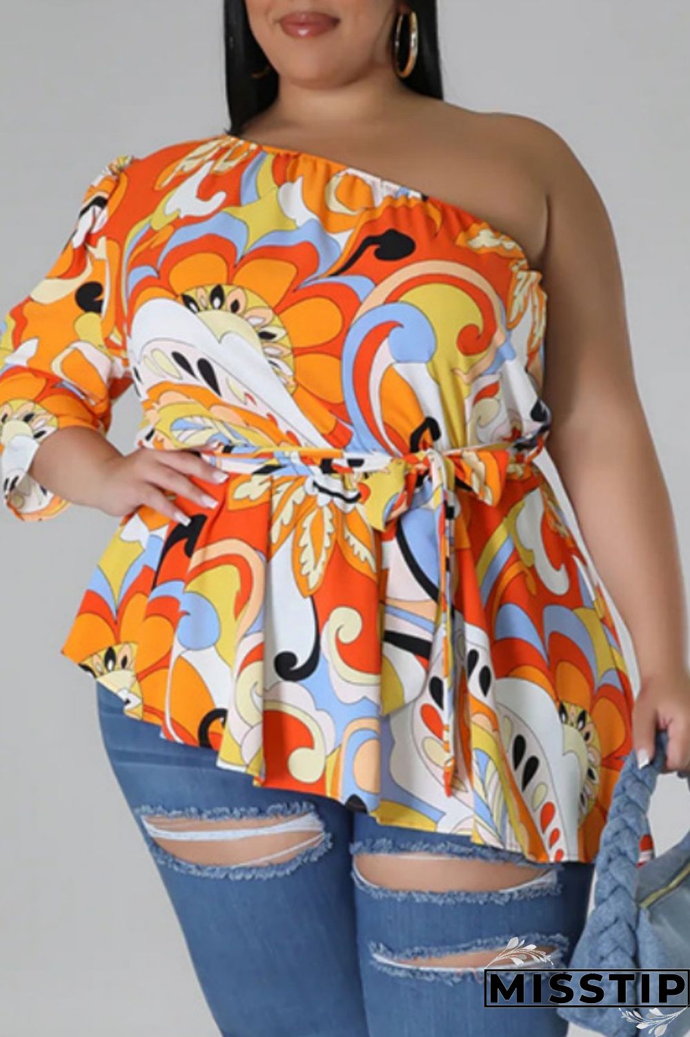 Black Yellow Casual Print Backless Oblique Collar Plus Size Tops