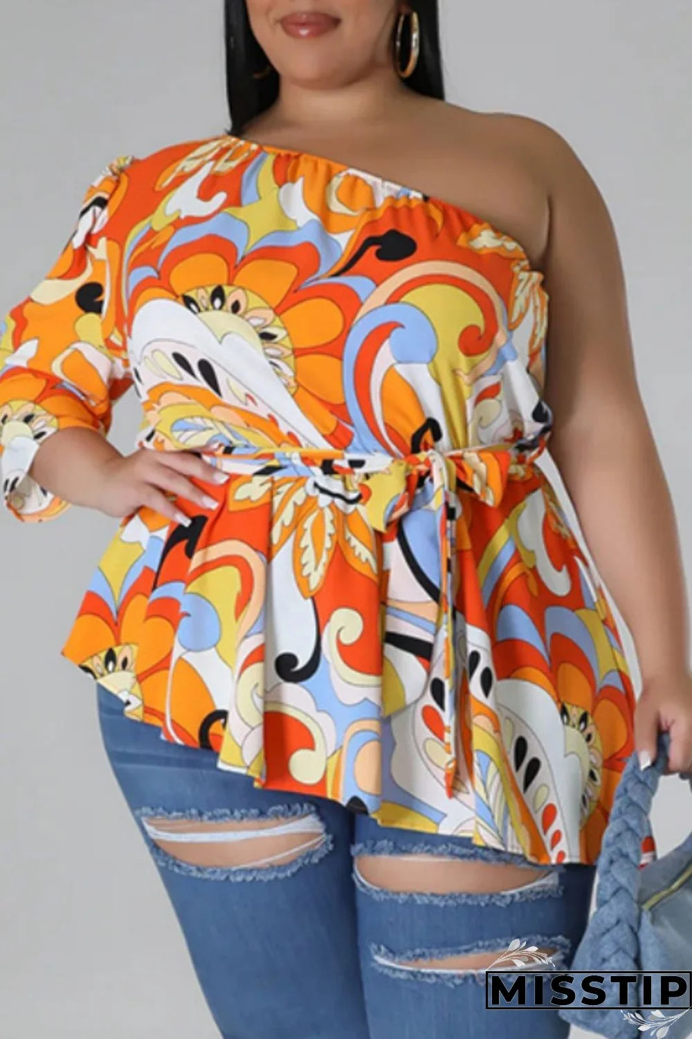 Black Yellow Casual Print Backless Oblique Collar Plus Size Tops