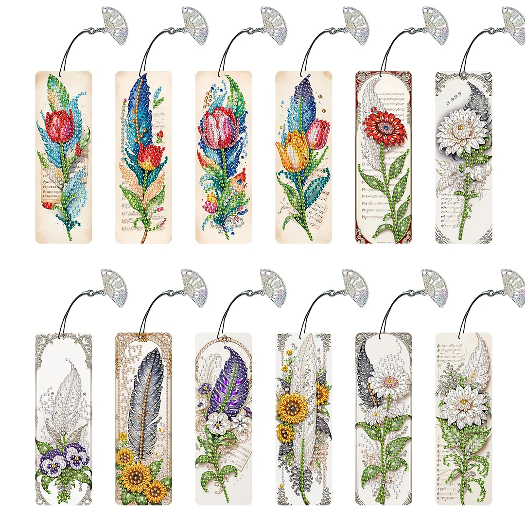 12Pcs Feathers and Flowers DIY Diamond Painting Bookmarks for Reading Enthusiast