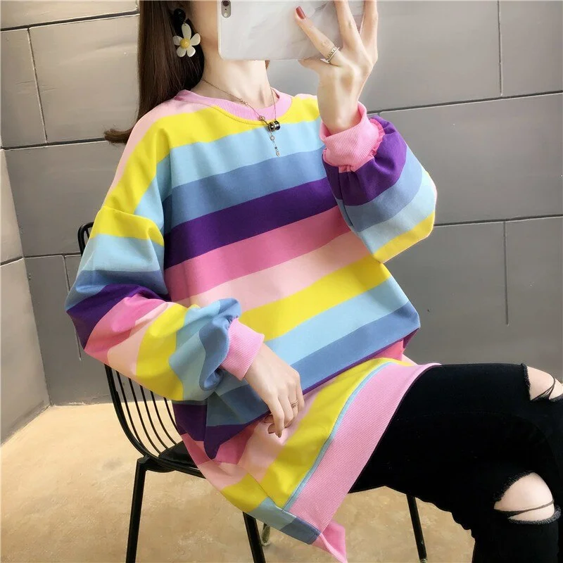 Fashion Rainbow Color Sweatshirt Hoodies Women 2021 Loose Long Sleeve Pullover Female Spring Autumn Oversized Harajuku Striped