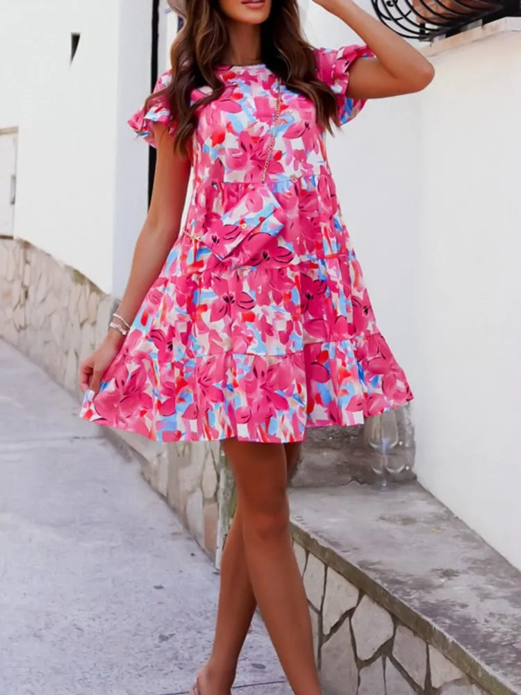 Summer Women Short Sleeve Ruffle Mini Dress Fashion Floral Prints A Line Ladies Casual