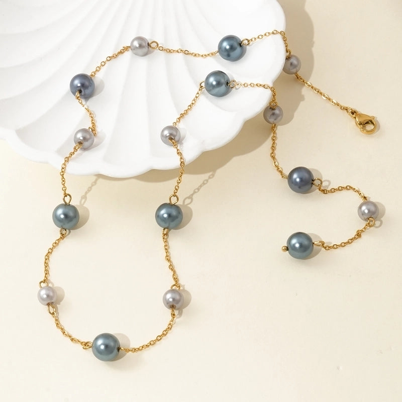 Elegant Geometric 304 Stainless Steel Artificial Pearls 14K Gold Plated Polishing Inlay Stainless Steel Necklaces4