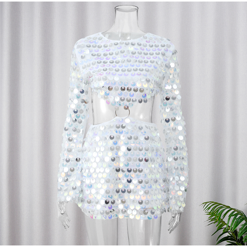 Women Fashion Glitter Sequins Hollow Out Mini Dress Elegant Round Neck Long Sleeves Short Dresses 2025 Female Chic Party Outfit
