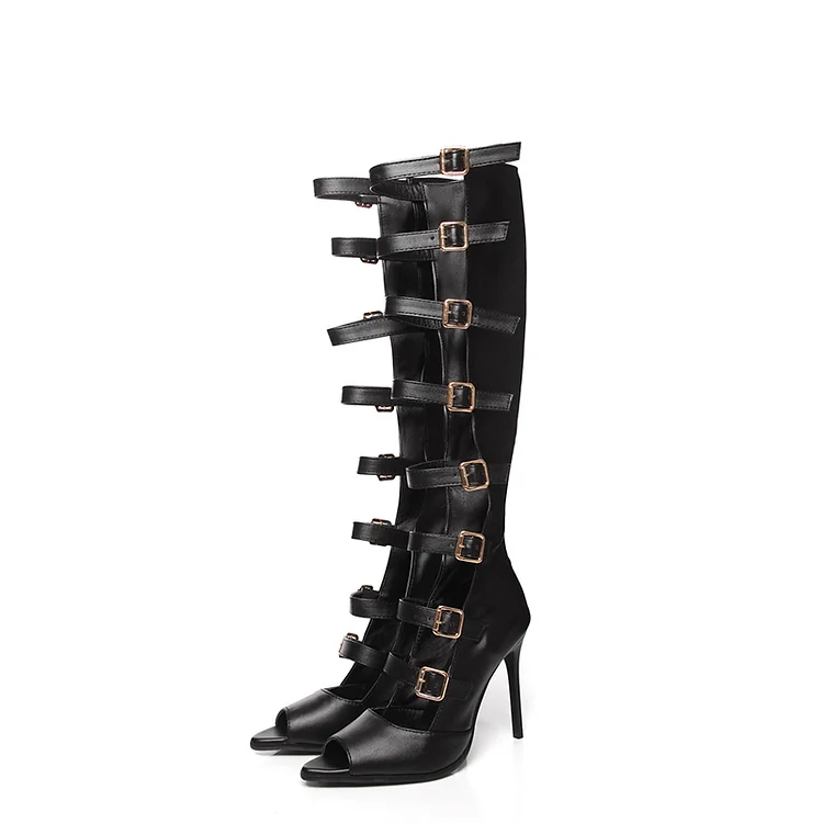 Women'S Black Strappy Sandals Classic Peep Toe Stiletto Buckle Shoes Knee High Heels |FSJ Shoes