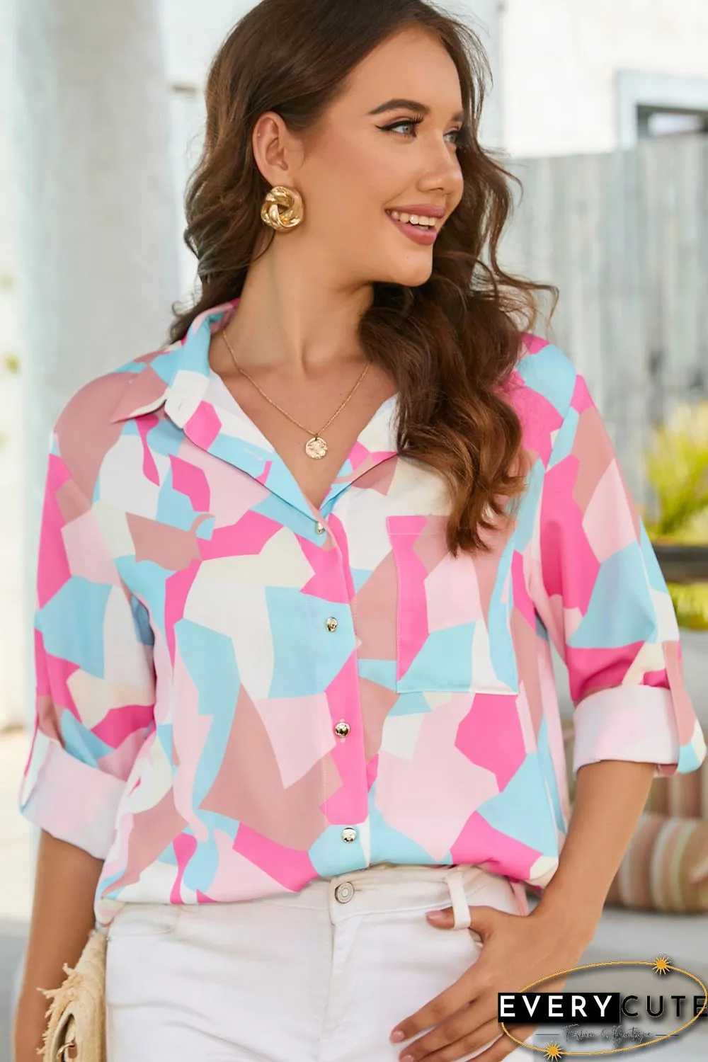 Pink Geometric Block Printed Roll Tab Sleeve Shirt