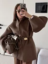 Women's Winter High-End Elegant Design Brown Waist-Cinching Woollen Coat