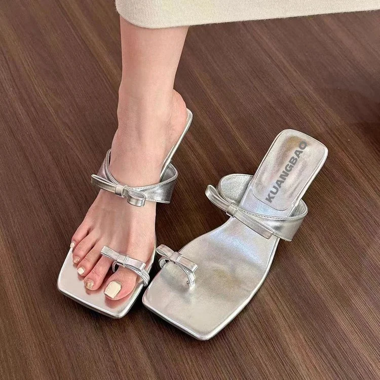 Wongn Wongn Summer New Fashion Korean Version Bow Set Toe High Heel Slipper Thin Sandals Women's Shoes