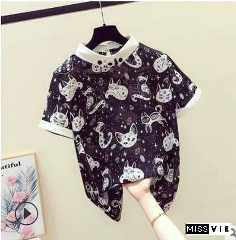 Cat Print Summer New Slim Top Vintage White Black Chiffon Shirt Women Blouses Casual Short Sleeve White Tops Blusas Mujer