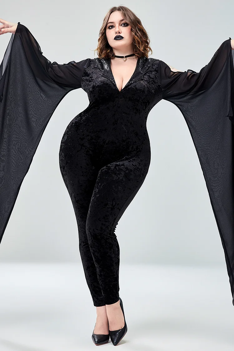 Xpluswear Design Plus Size Halloween Costume Black Midnight Bat Velvet  Jumpsuit（Ships 24h）