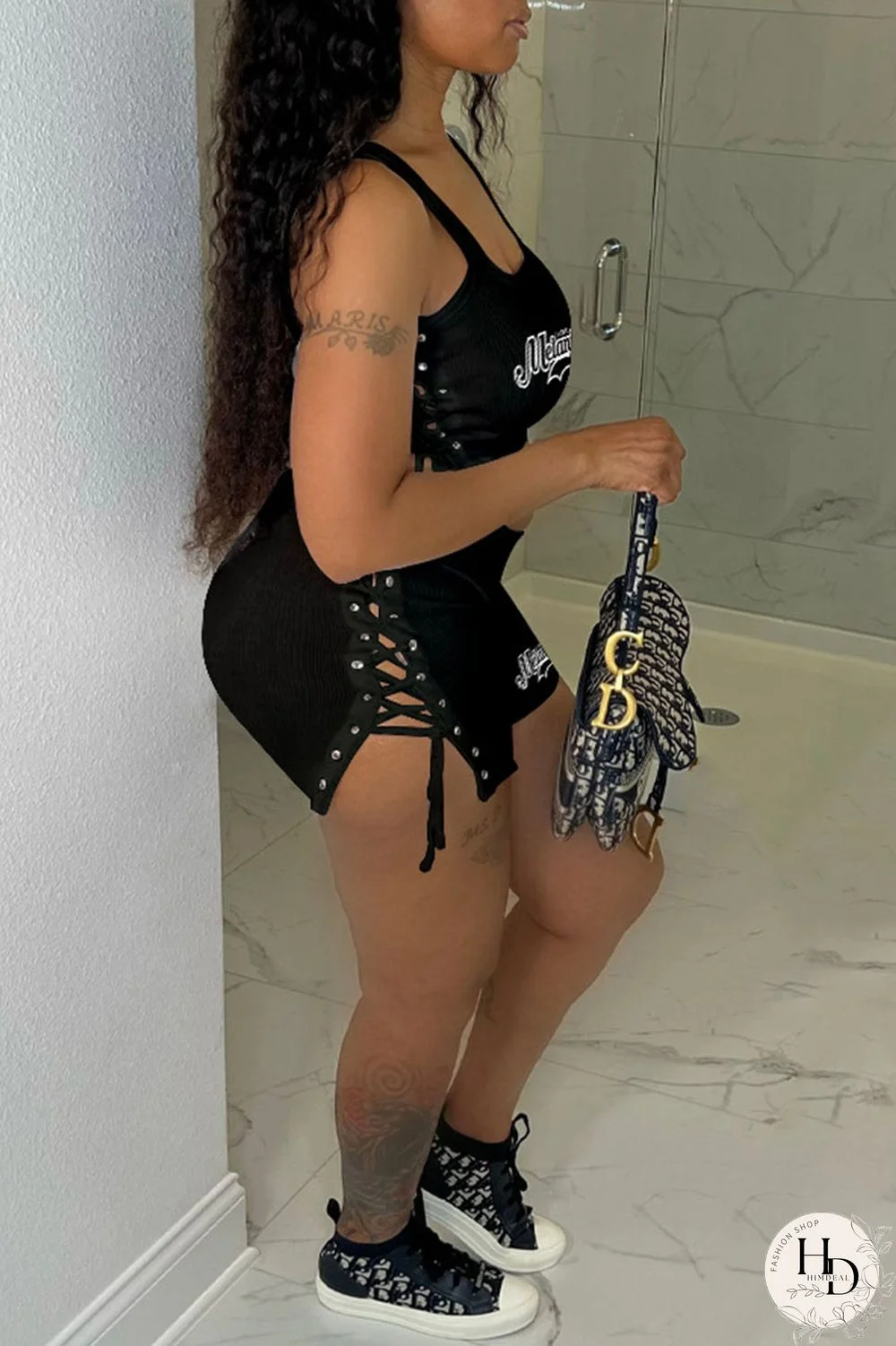 Black Casual Print Bandage U Neck Sleeveless Two Pieces