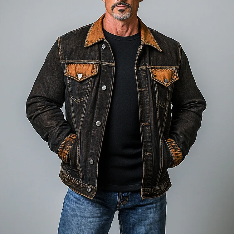 Men's Turndown Collar Metal Button Pocket Distressed Denim Jacket