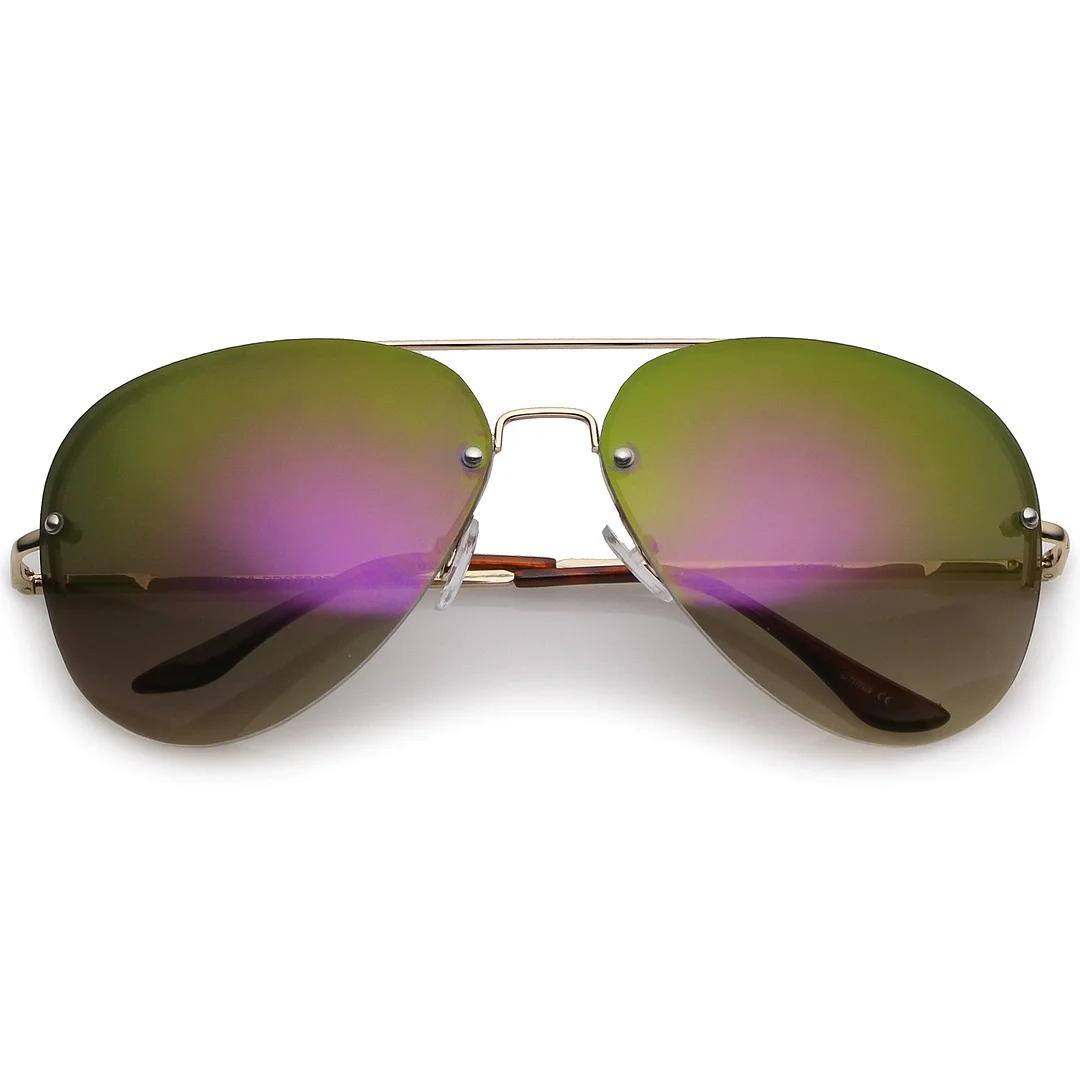 Oversize Rimless Aviator glasses Teardrop Mirrored Lens Metal Slim Arms 65mm