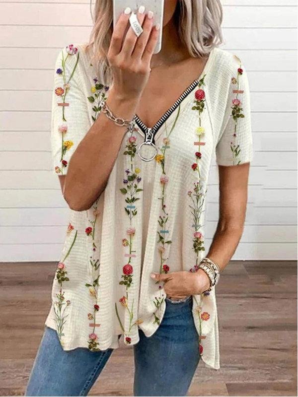 V-neck Zipper Retro Zipper Printing Short-sleeved T-shirt-Mayoulove
