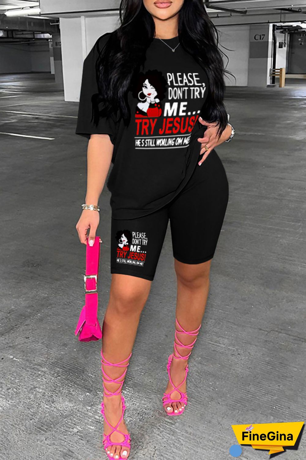 Pink Casual Print Basic O Neck Short Sleeve Two Pieces