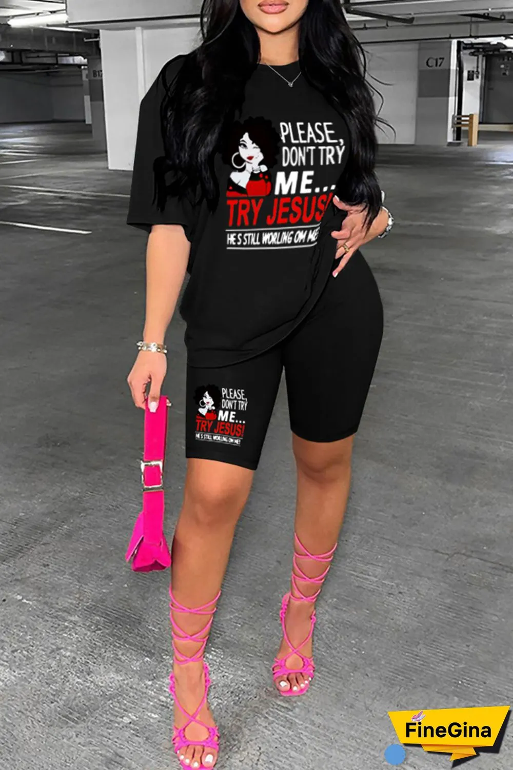 Pink Casual Print Basic O Neck Short Sleeve Two Pieces