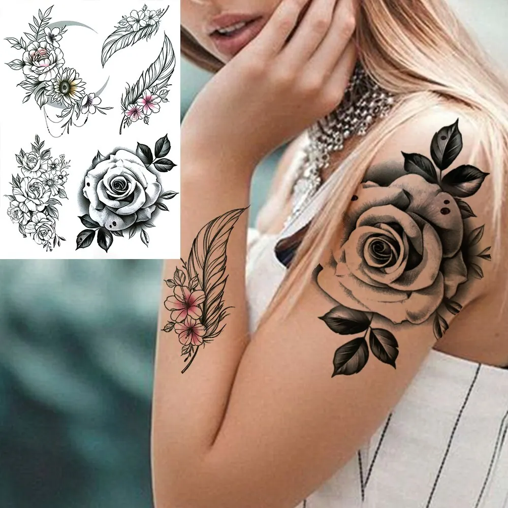 3D Flower Triangle Temporary Tattoos For Women Girl Fake Wolf Deer Geometry Tattoo Sticker Peony Dahlia Body Art Adults Tatoos