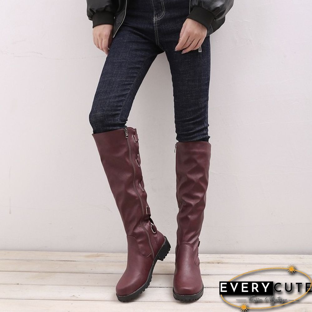 Women Winter Low Heel Belt Buckle Riding Leather Boots Knee High Cowboy Boots (Please Choose A Larger Size)